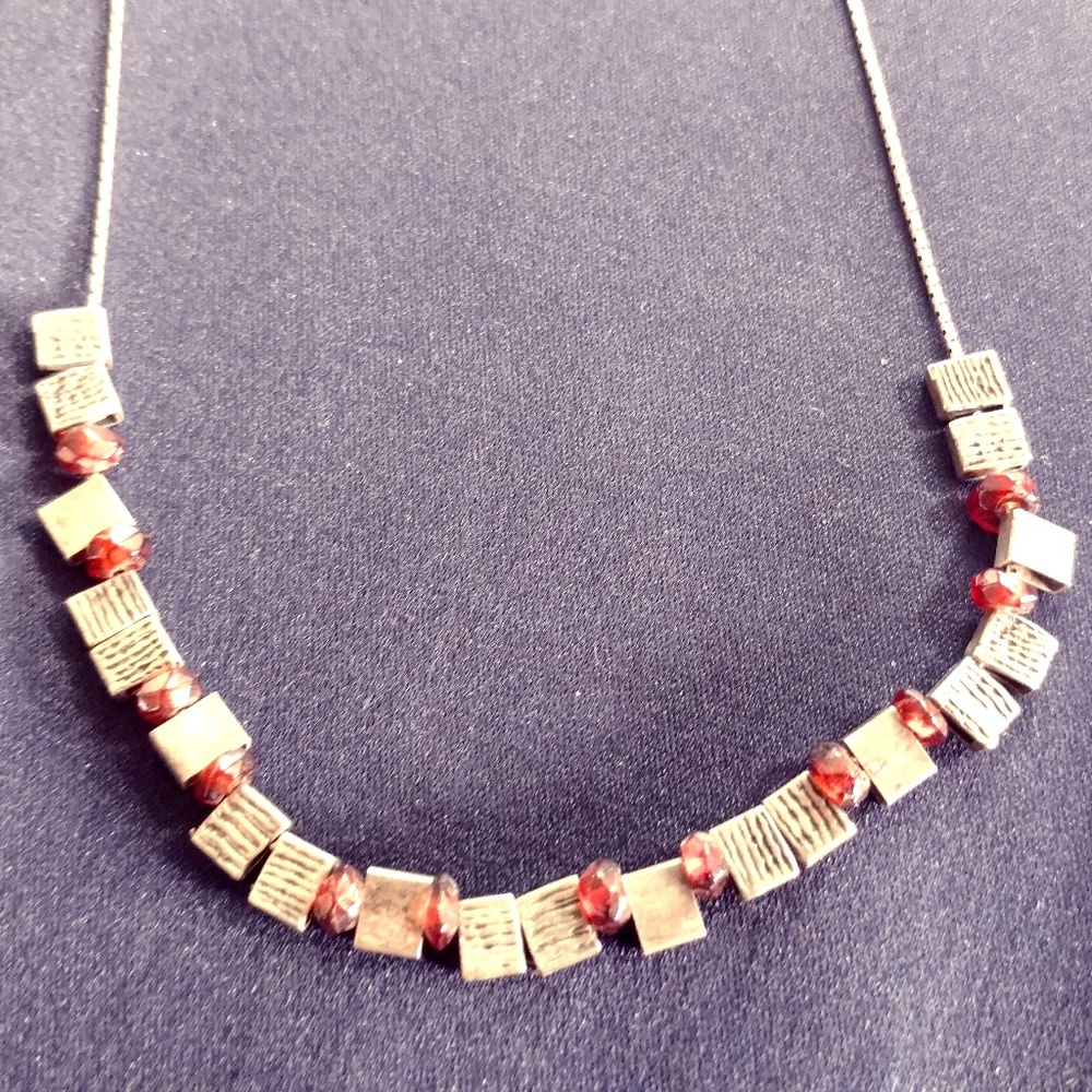 Sterling Silver Necklace w/ Burgundy Stones